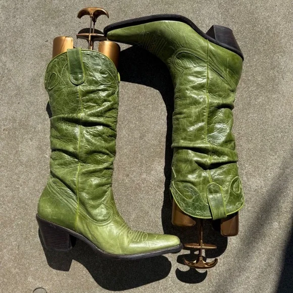 Steve Madden Saddle Green Leather Slouchy Western Cowboy Boots Womens 9B Brazil - Picture 9 of 13